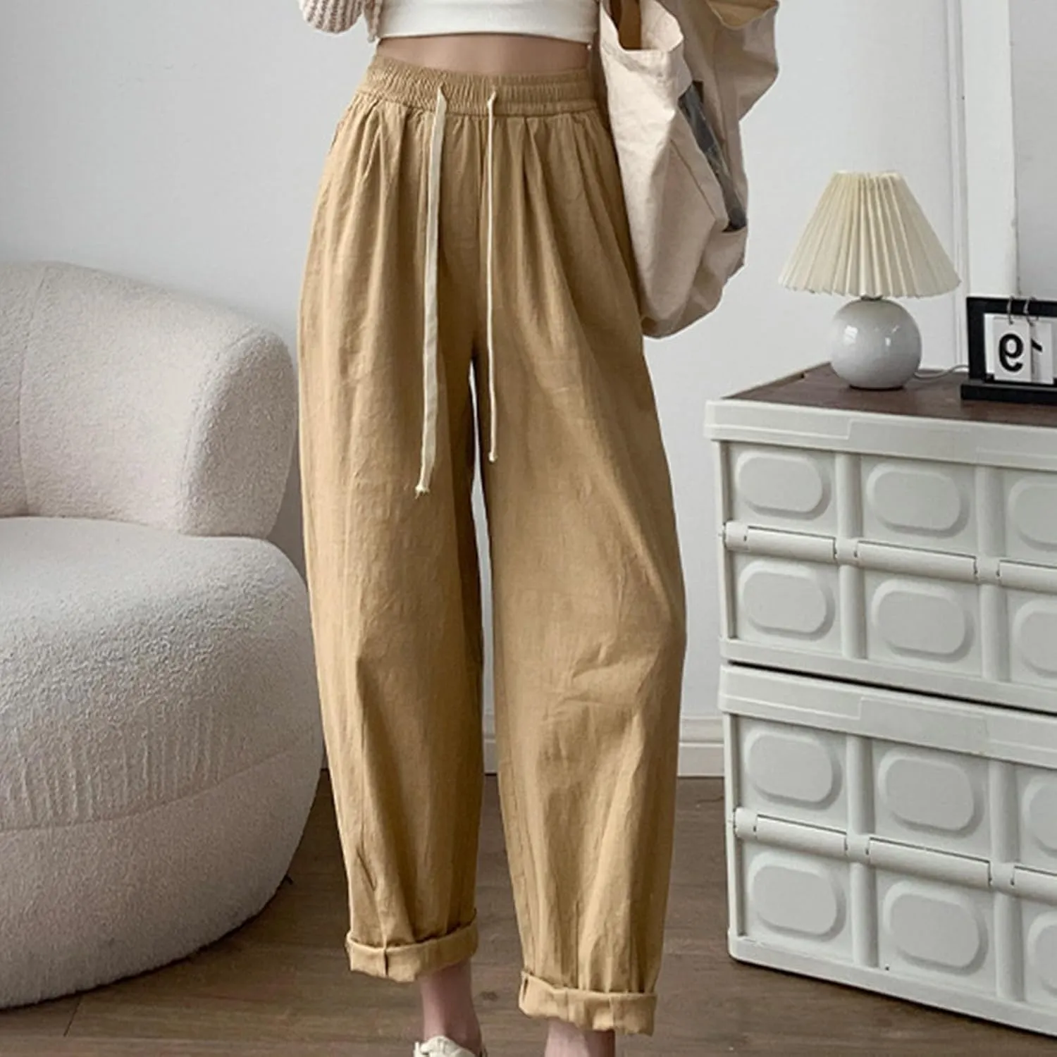 Women's Drawstring Waist Pants Soft Cotton Linen Trousers with Rolled Cuffs and Pockets Casual Loose Fit for Summer