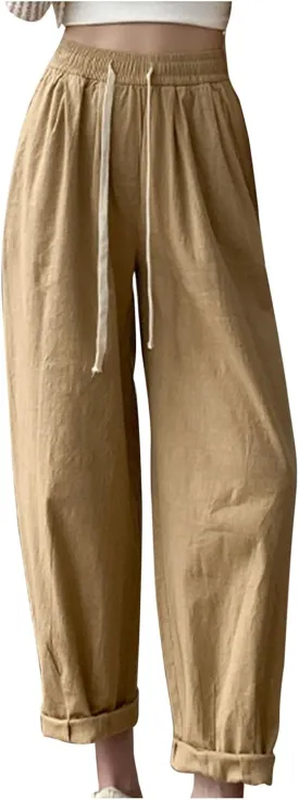 Women's Drawstring Waist Pants Soft Cotton Linen Trousers with Rolled Cuffs and Pockets Casual Loose Fit for Summer