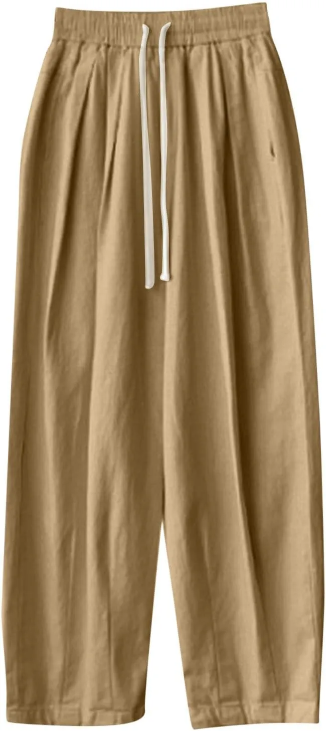 Women's Drawstring Waist Pants Soft Cotton Linen Trousers with Rolled Cuffs and Pockets Casual Loose Fit for Summer