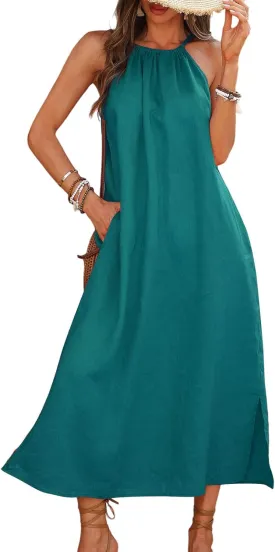 Women's Linen Midi Dress Halter 100% Linen Split Dresses with Pocket