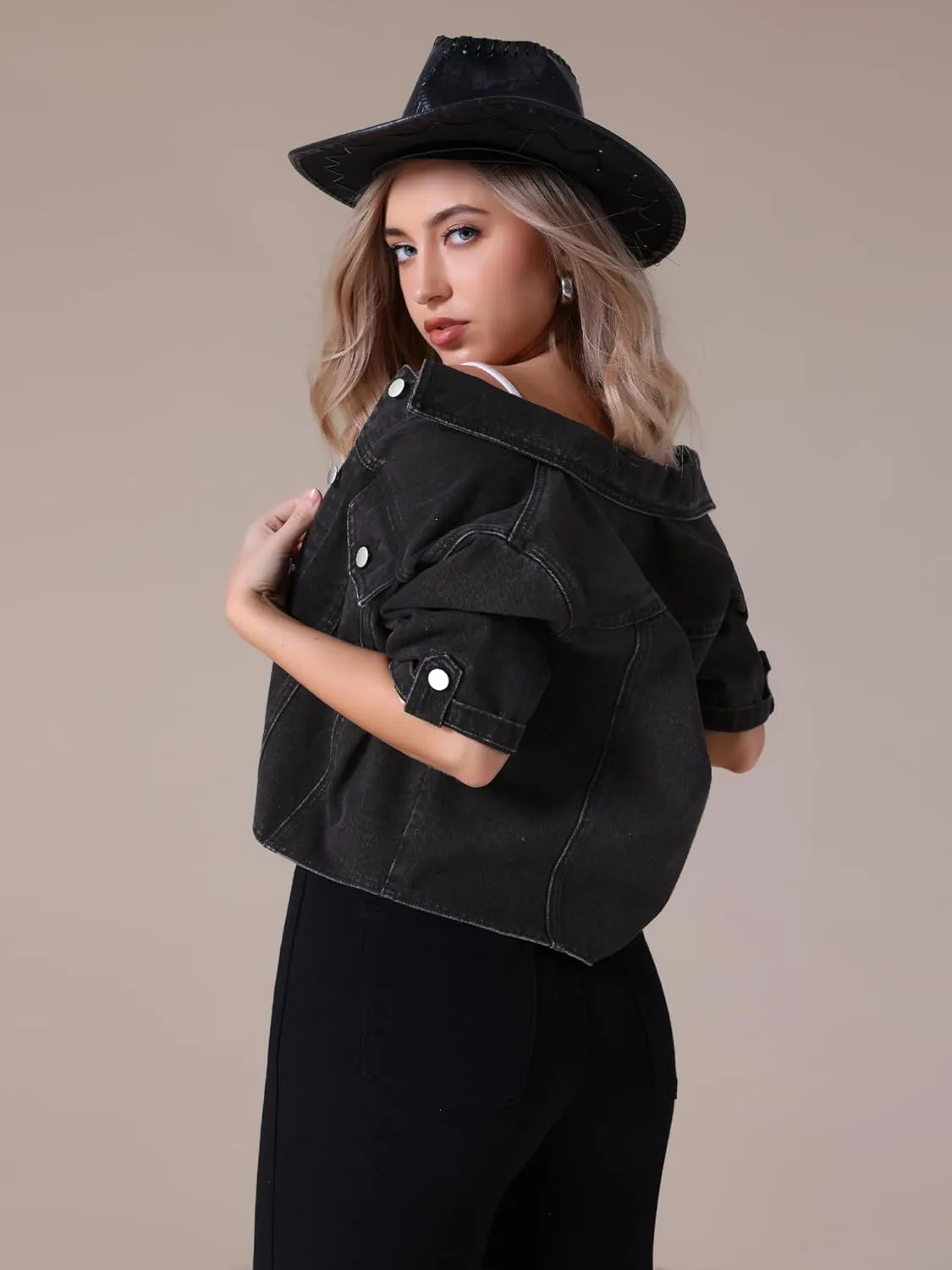 Women's Summer Short Sleeve Denim Jackets Collared Button Up Cropped Jean Jacket