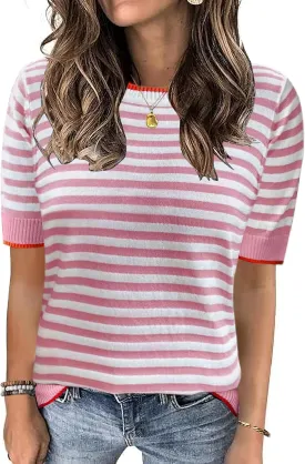 Womens Tops Summer Short Sleeve Shirts Striped Sweater Cute Casual Top Trendy Women Clothing Crewneck Knit Blouses
