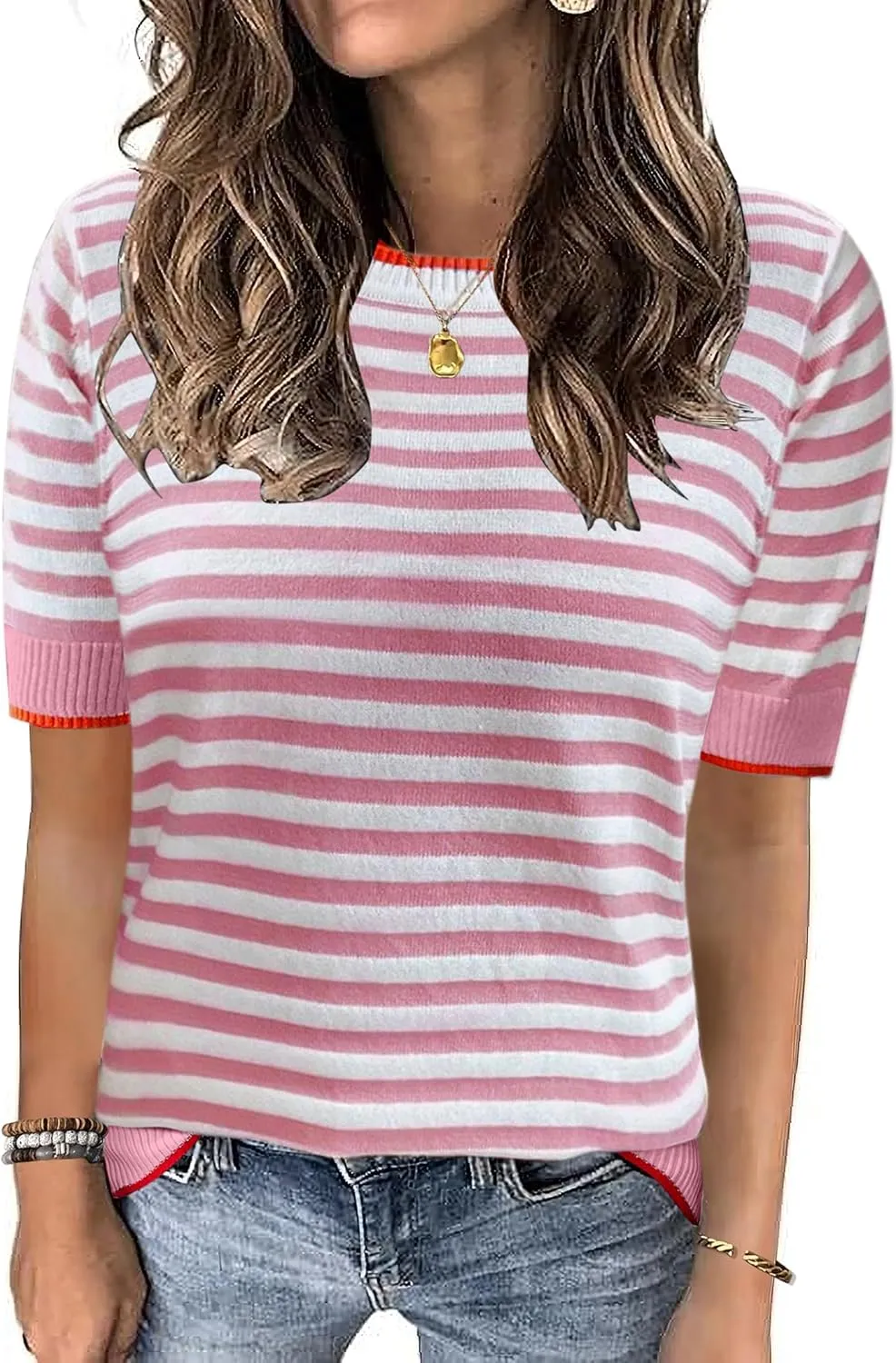 Womens Tops Summer Short Sleeve Shirts Striped Sweater Cute Casual Top Trendy Women Clothing Crewneck Knit Blouses