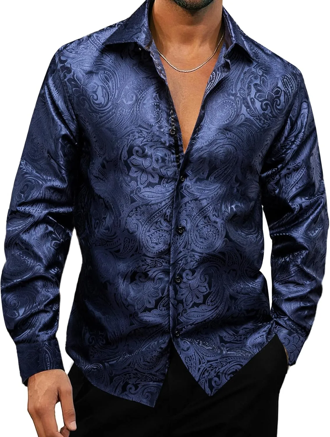 YOHOWA Men's Paisley Shirt Silk Jacquard Dress Long Sleeve Button Down Shirts Casual Mexico Western Disco Party Wedding Prom